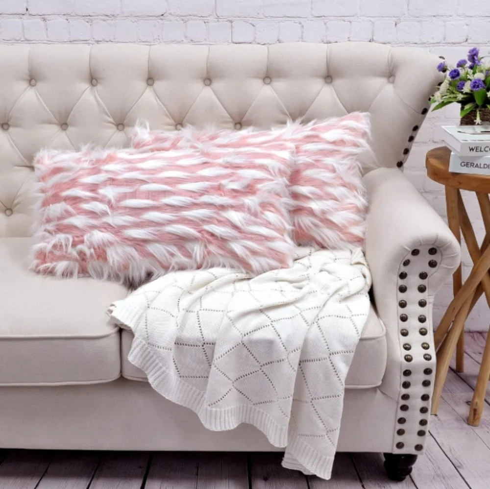 Set of 2 Blush Pink Feathery Fur Pillow Covers Chic Luxury Home Accent Decor